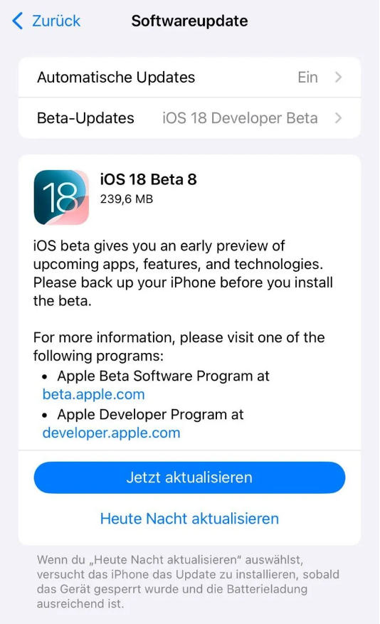 吐鲁番苹果手机维修分享苹果 iOS / iPadOS 18 开发者预览版 Beta 8 发布 